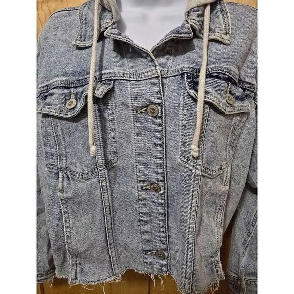 Cropped Oversized Denim Jacket With Gray Hoodie & Frayed Hem Womens Size XXS - Picture 5 of 13